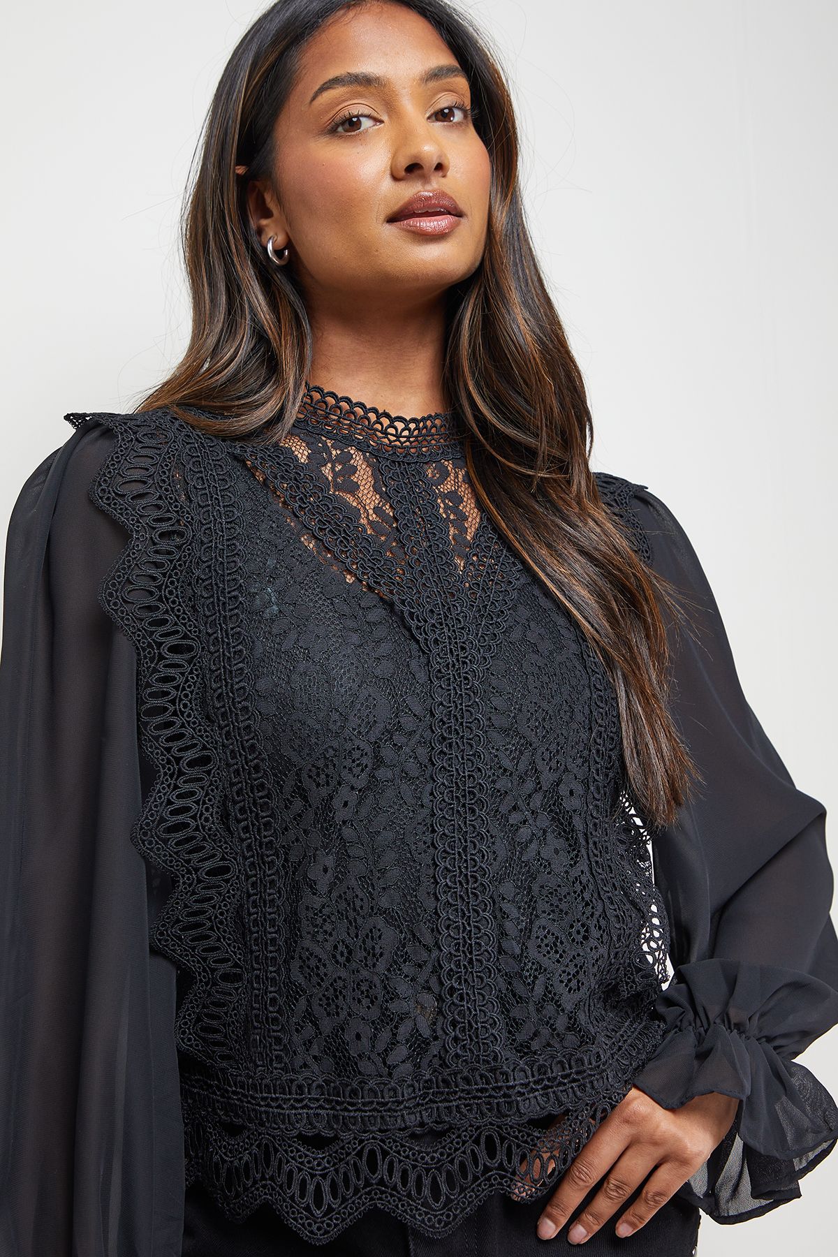 Oasis Sheer Lace Chiffon Sleeve Blouse Black image 4