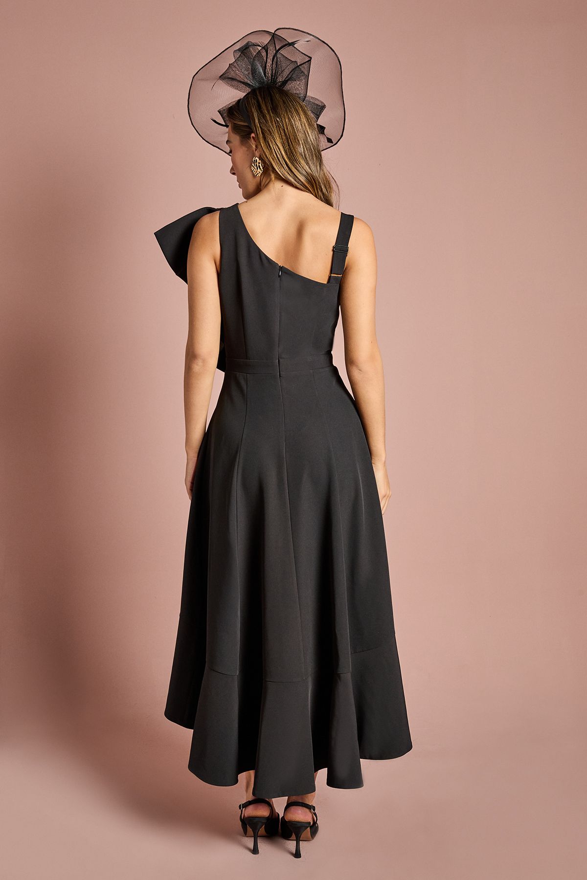 Coast One Shoulder Crepe Ruffle Midi Dress Black image 3