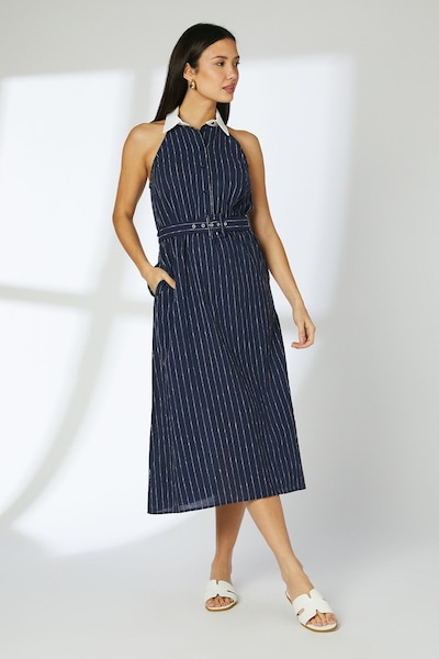 Principles Navy Pinstripe Collared Halterneck Midi Dress Navy