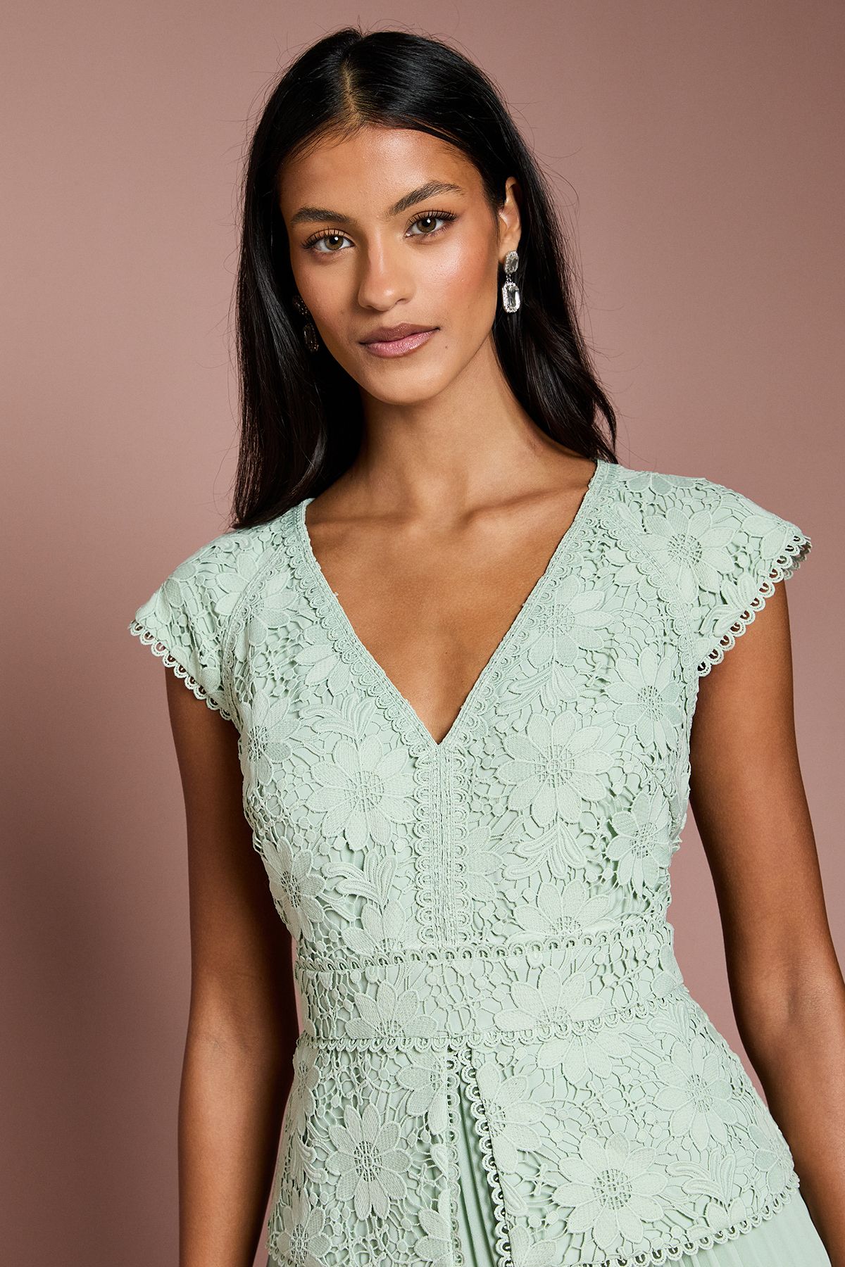 Coast Petite V Neck Lace Bodice Peplum Midi Dress Sage image 4