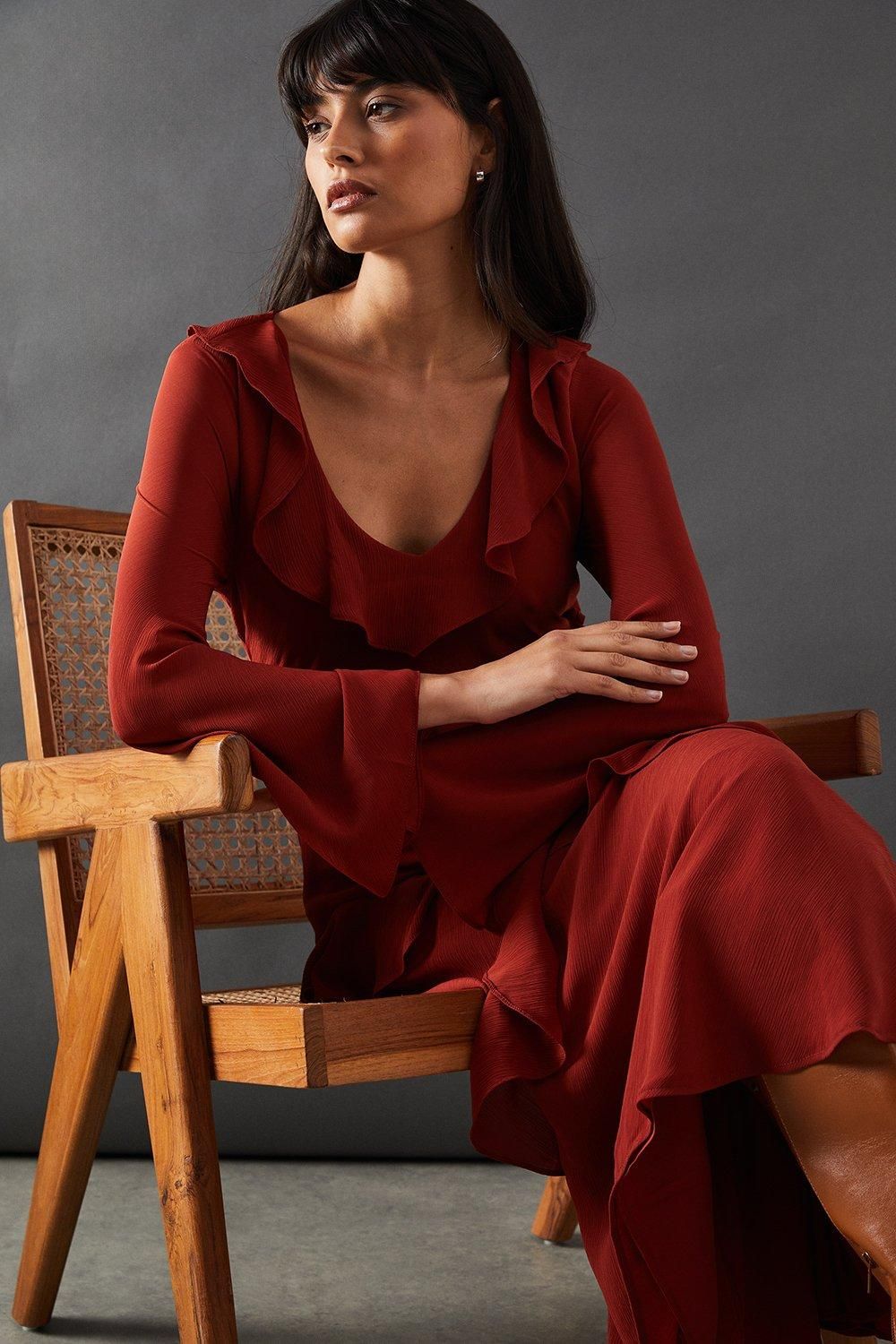Warehouse Chiffon Ruffle Seam V Neck Midi Dress Rust image 2