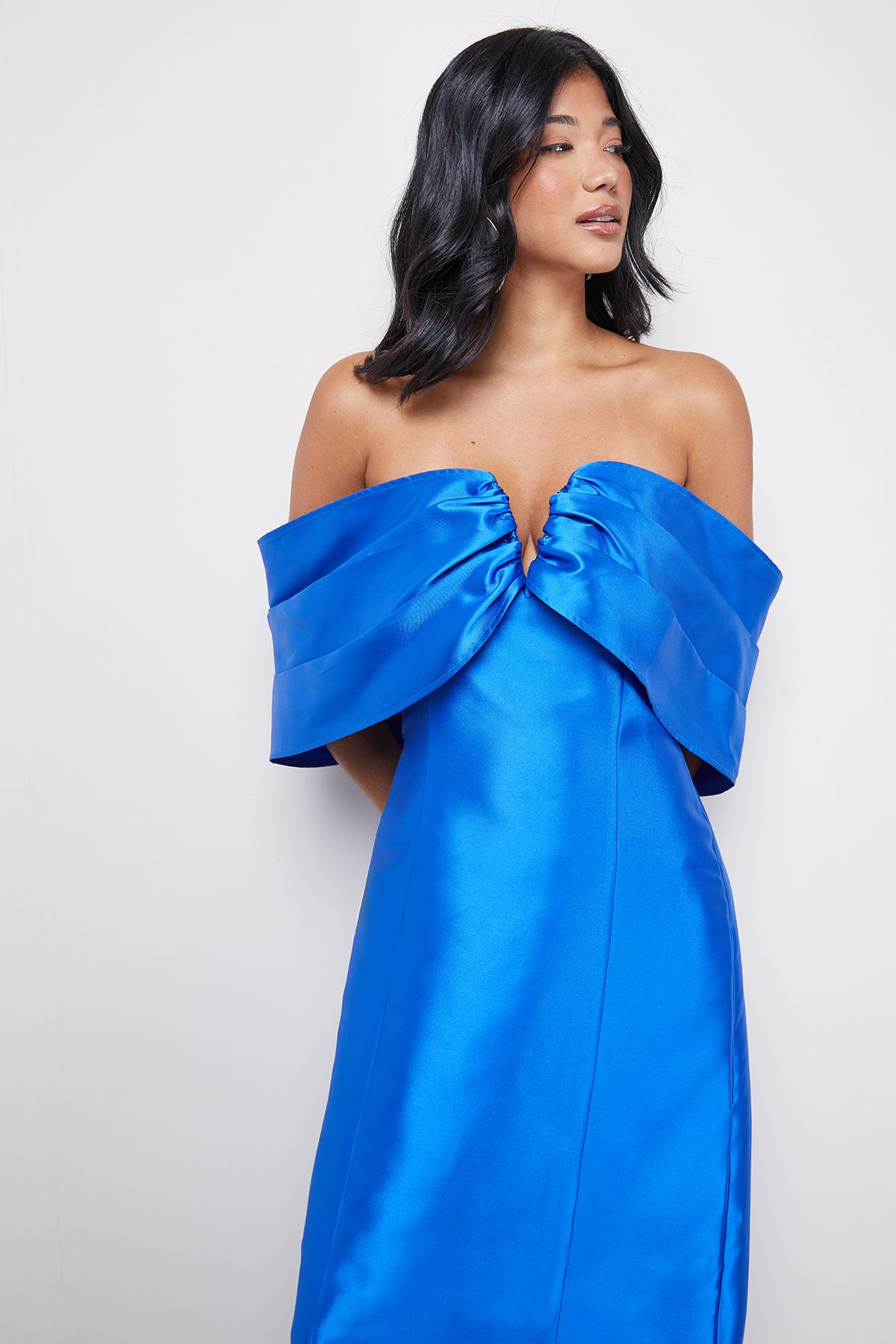 Warehouse Satin Twill Notch Front Bardot Midi Dress Cobalt image 2