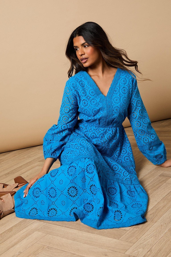 Oasis Petite Broderie Trim Detail Puff Sleeve Midi Dress Cobalt