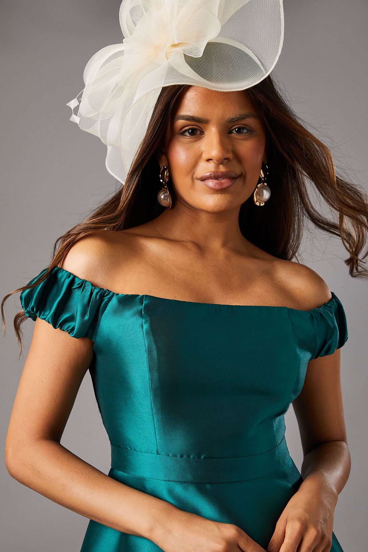 Coast Petite Bardot Twill Midi Dress With Lace Trim Emerald image 3