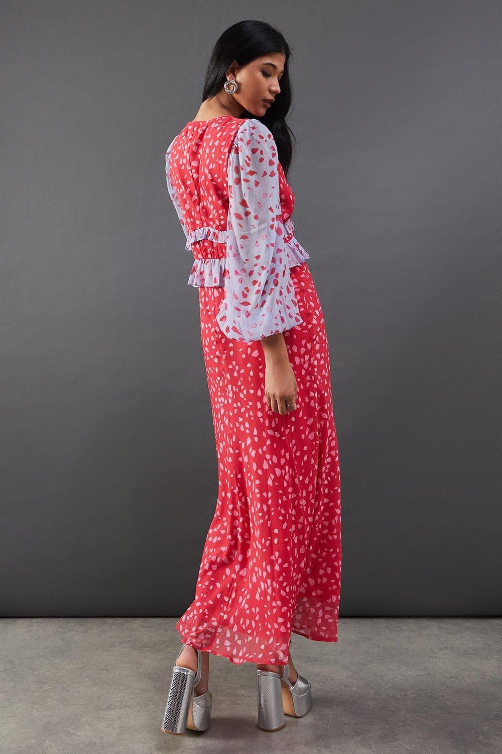 Warehouse Mixed Chiffon Ruffle Midi Tea Dress Red image 3