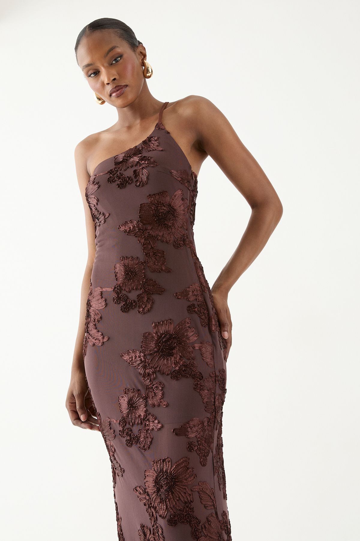MissPap Asymmetric Neckline Floral Textured Maxi Dress Chocolate image 2