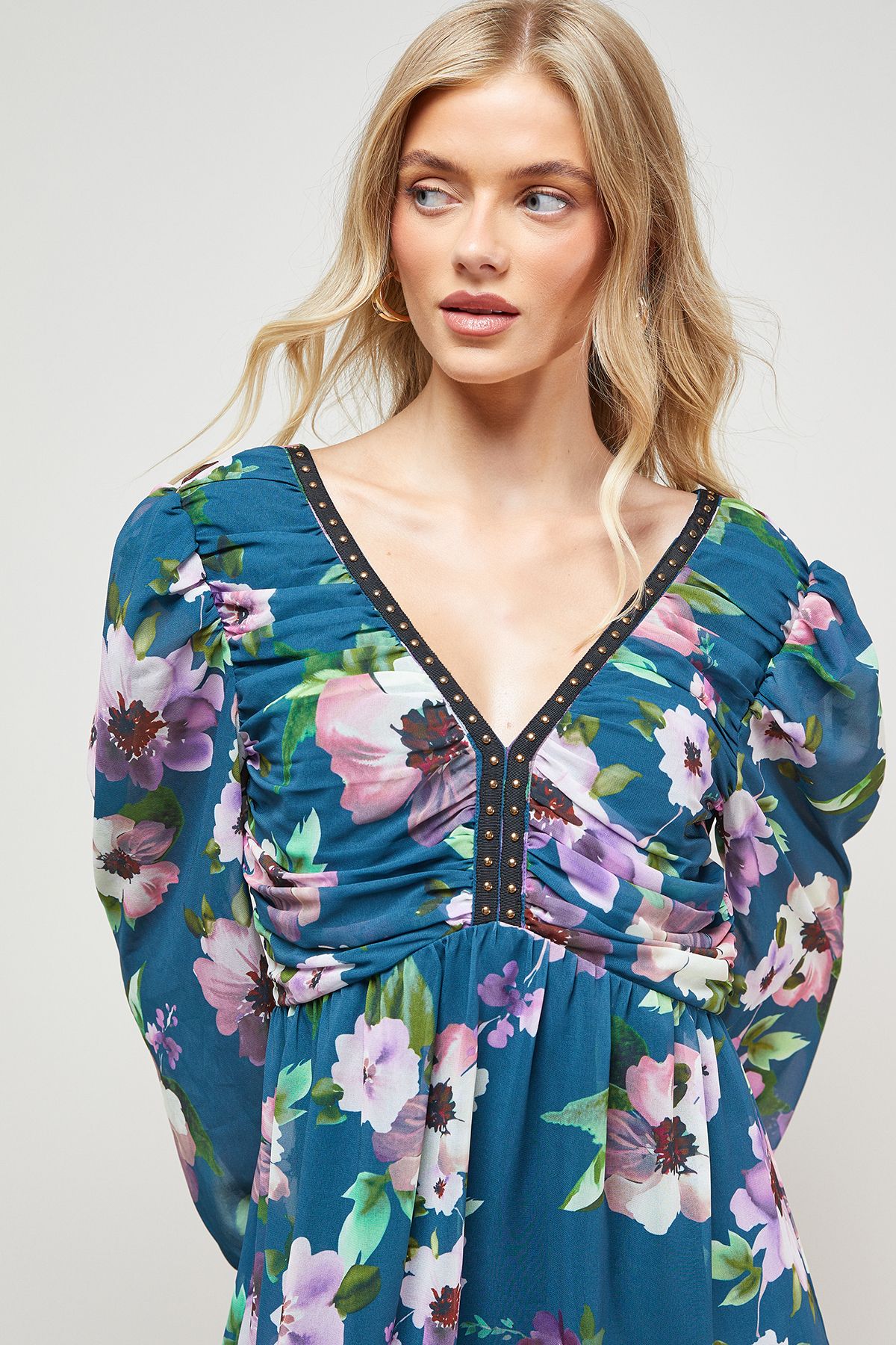 Oasis Printed Statement Shoulder Ruched Body Mini Dress Multi image 3