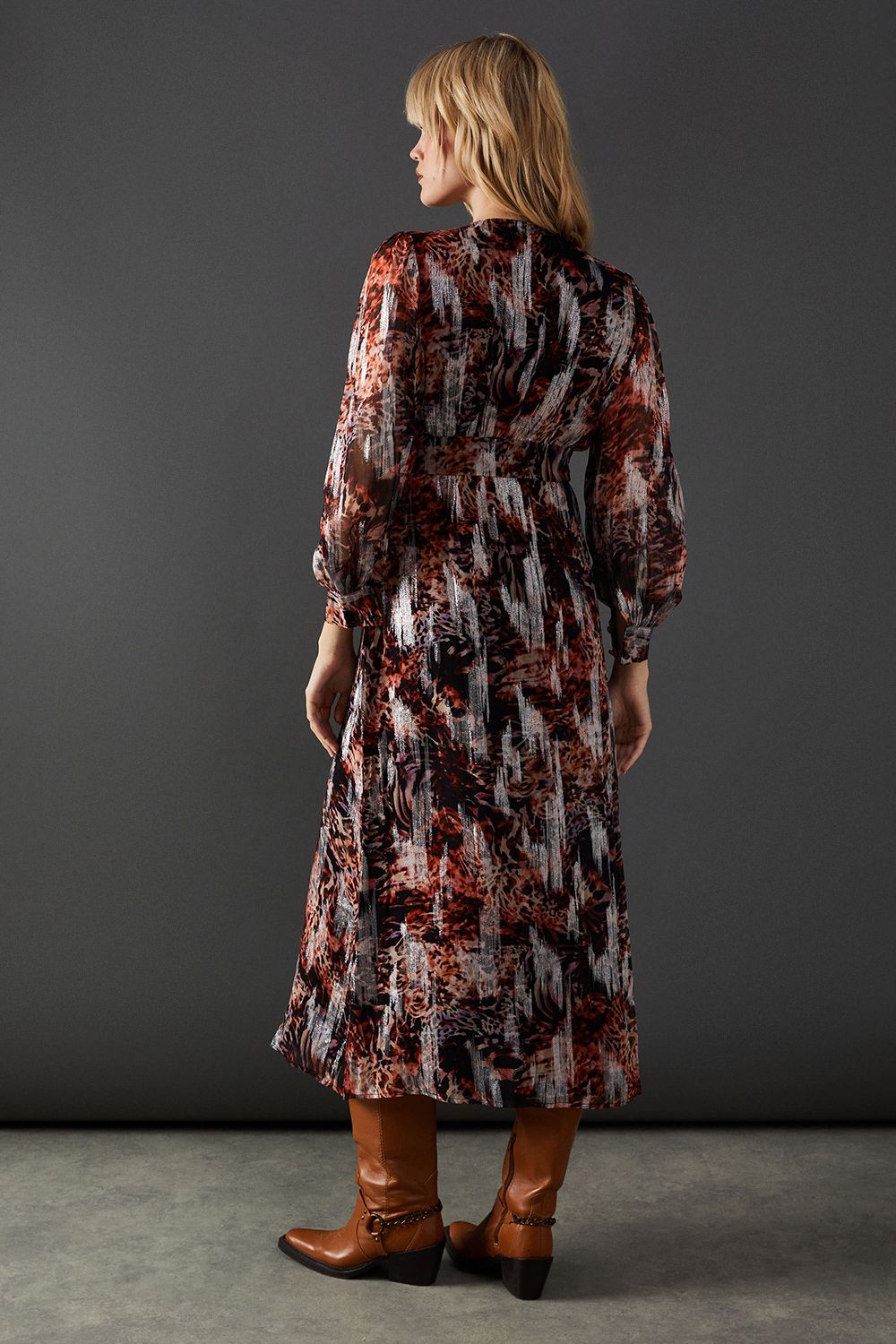 Warehouse Metallic Jacquard Plunge Neck Button Through Midi Dress Animal image 3