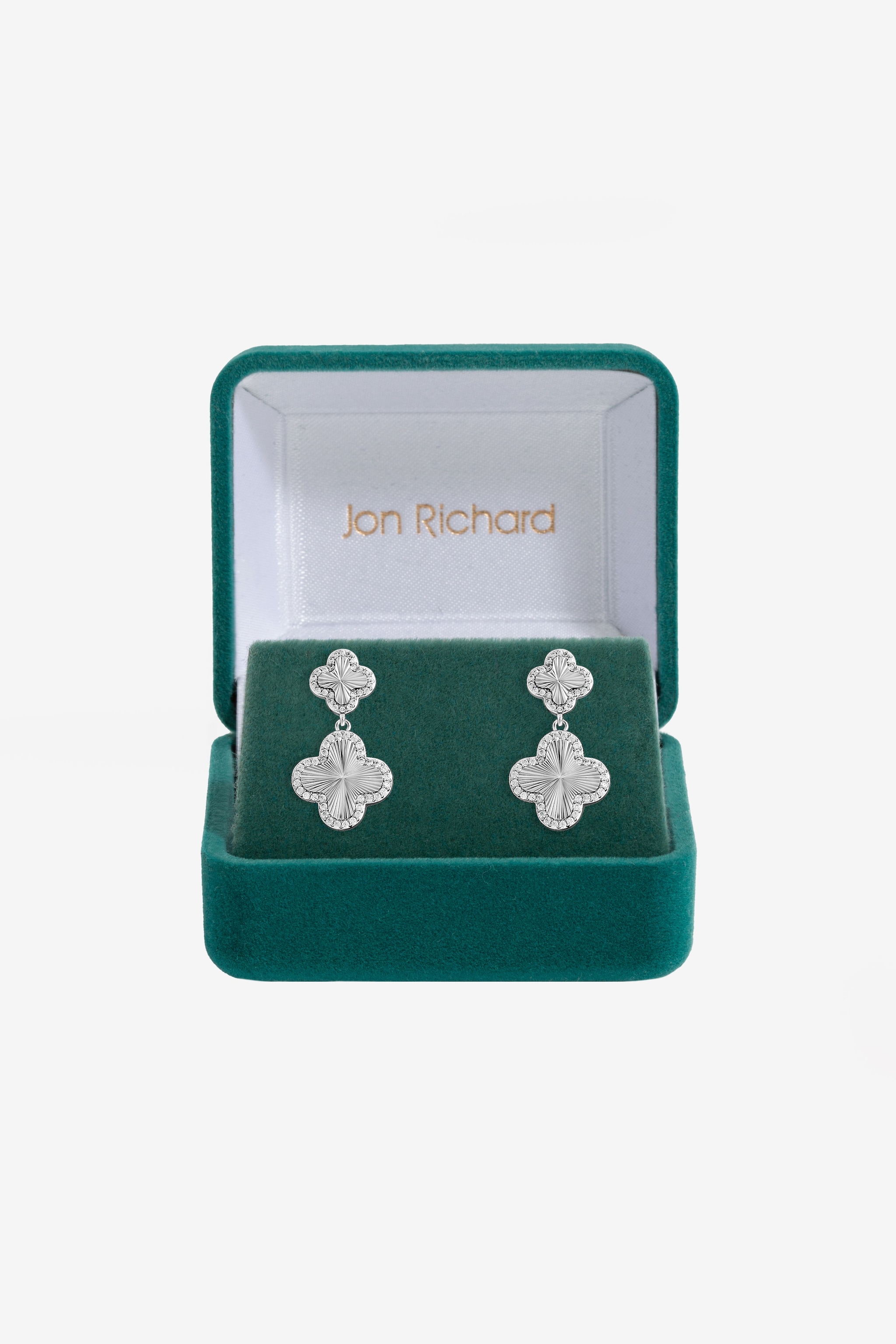 Jon Richard Rhodium Plated and Diamond Clover Double Drop Earrings - Gift Box image 1