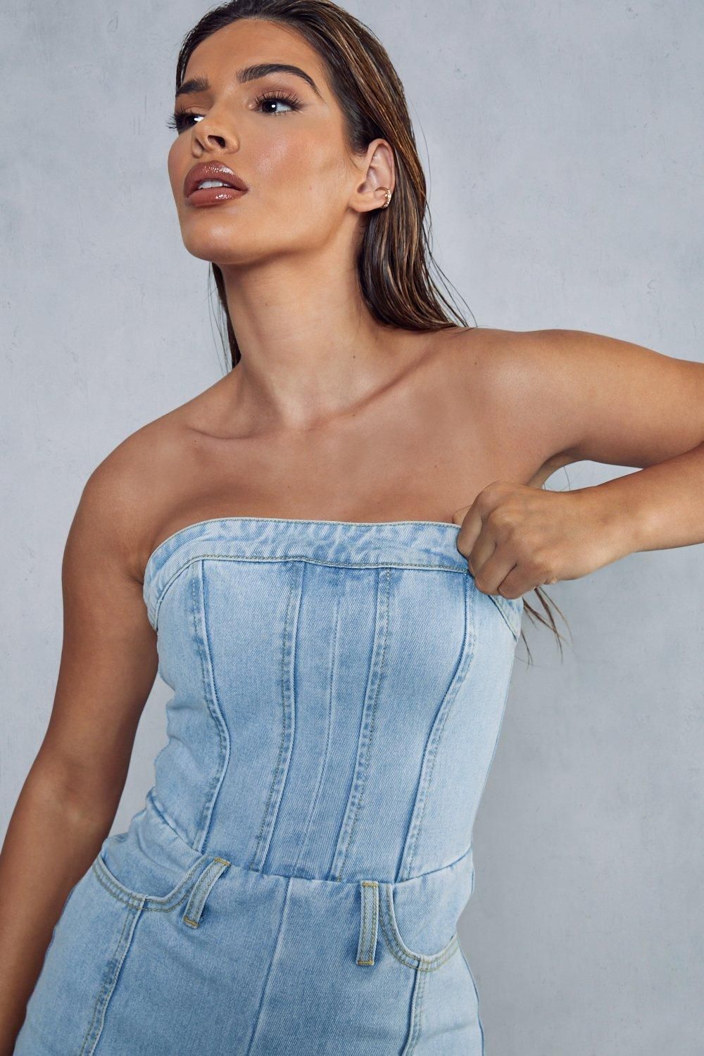 MissPap Bandeau Denim Wide Leg Jumpsuit Mid Wash image 2