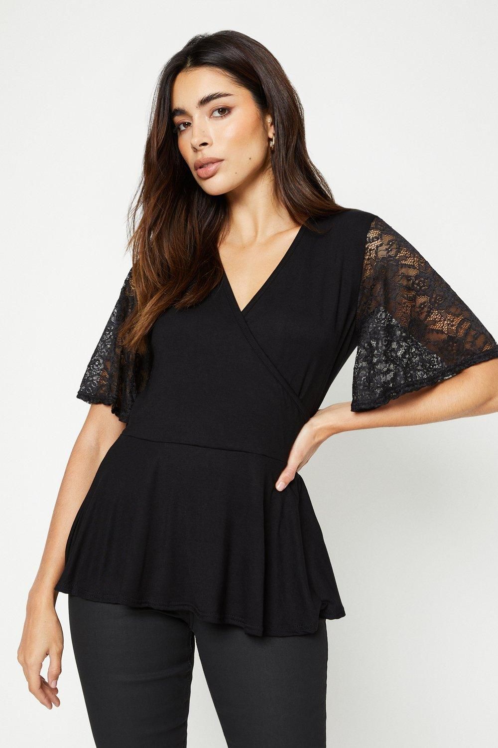 Dorothy Perkins Lace Short Sleeve Wrap Top Black image 2