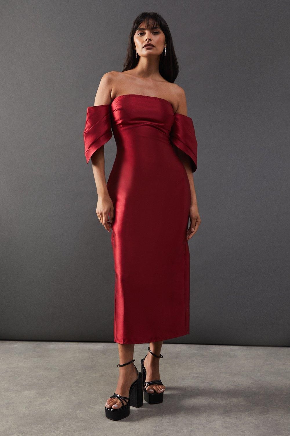Warehouse Structured Puff Sleeve Bardot Midi Dress Dark Red image 1