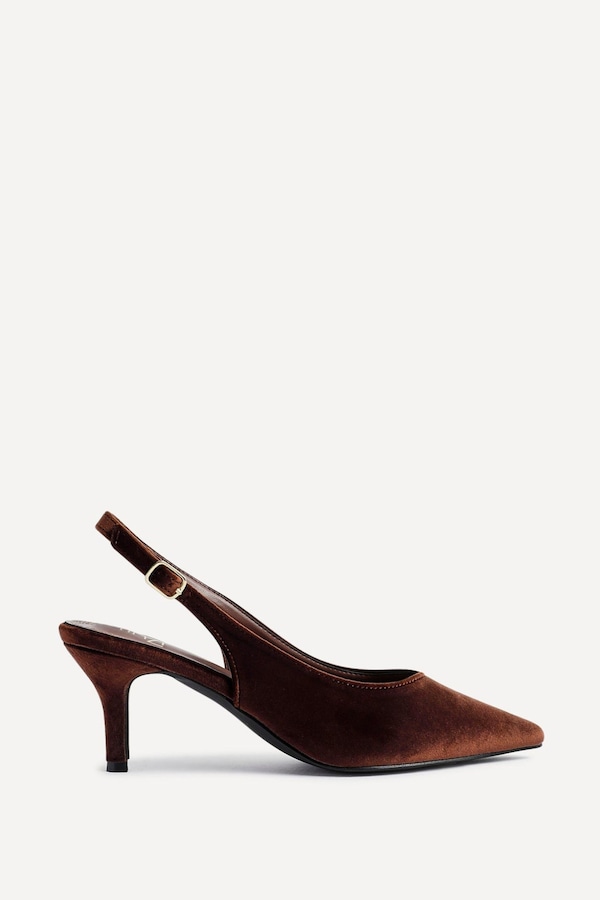 Linzi Finesse Brown Velvet Pointed Slingback Stiletto Court Heels