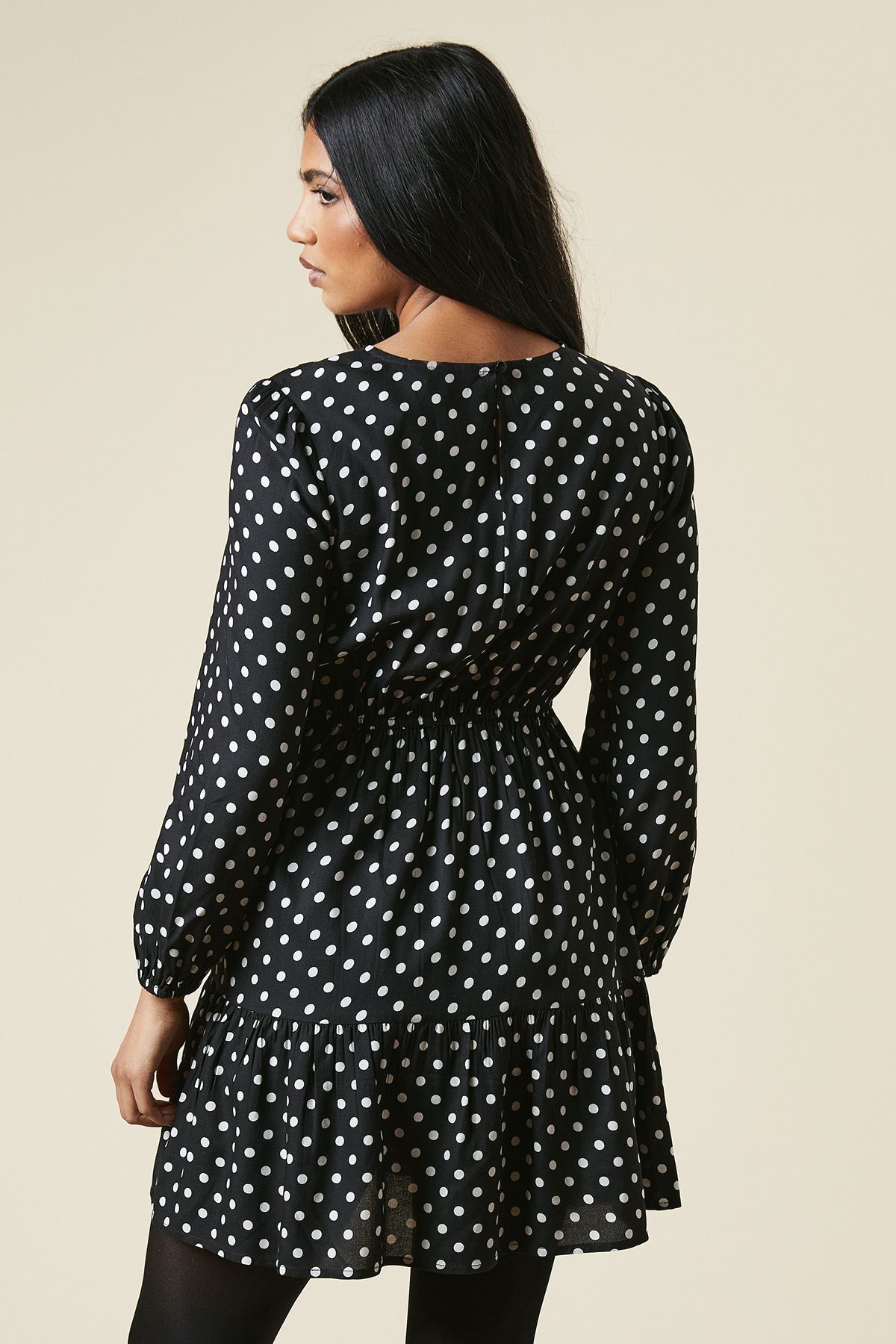 Dorothy Perkins Petite Black Spot Tiered Hem Mini Dress Black image 3