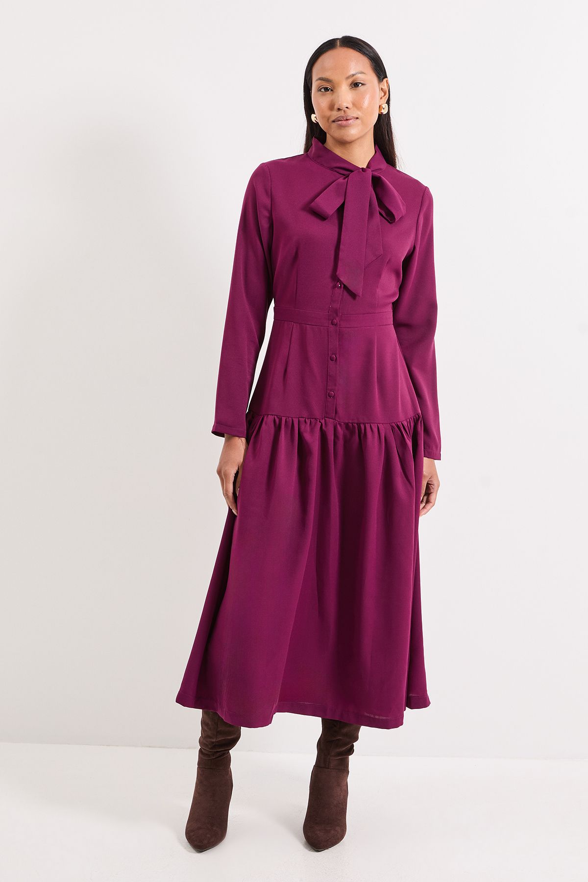Principles Tie Neck Yolk Detail Crepe Midi Dress Wine image 1