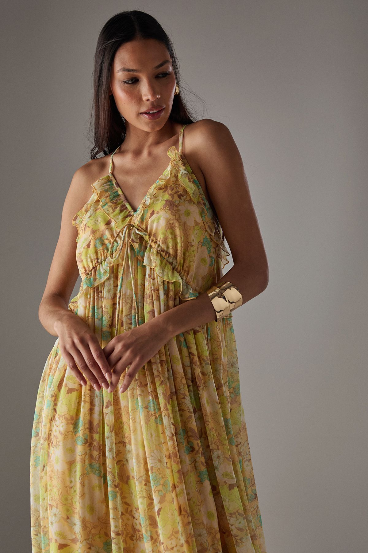 Warehouse Chiffon Ruffle Strappy Floaty Maxi Dress Floral image 4