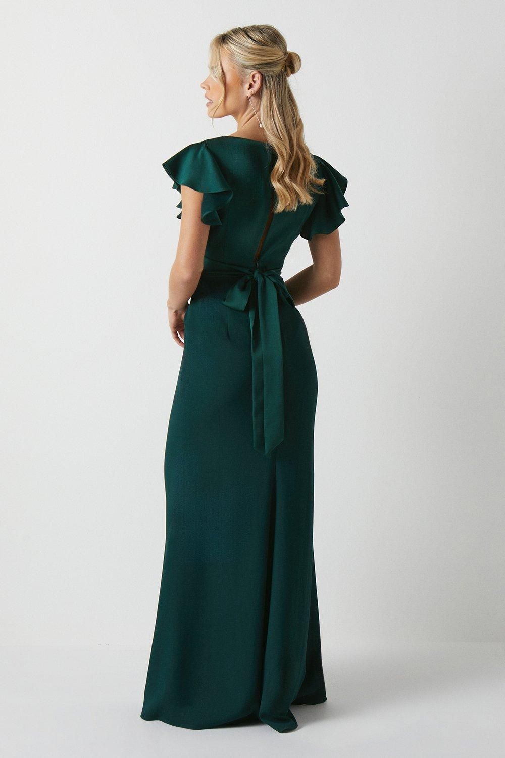 Coast Coast Honoured Petite V Neck Angel Short Sleeve Satin Maxi Bridesmaid Dress Emerald image 3