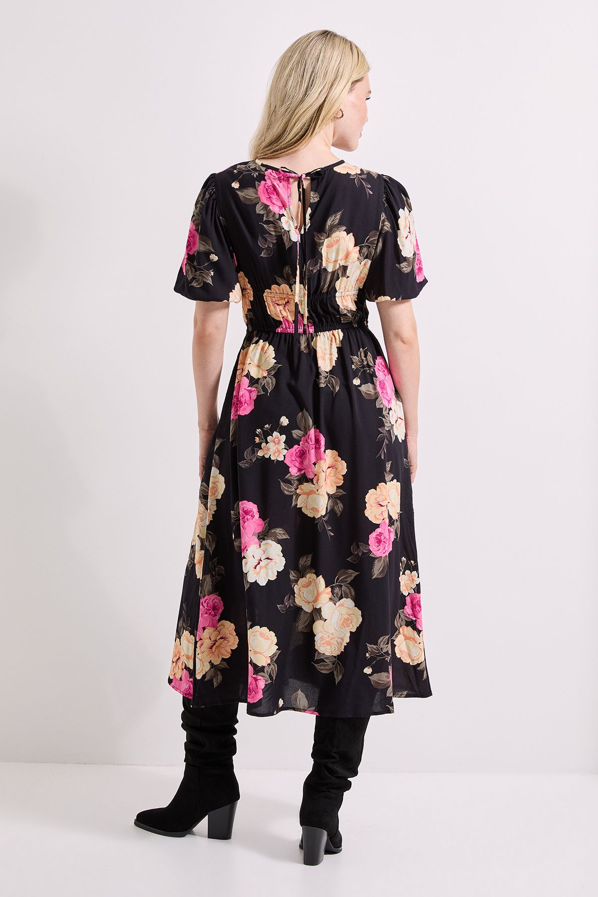 Dorothy Perkins Black Floral Dropped Waist Puff Sleeve Midi Dress Black image 3
