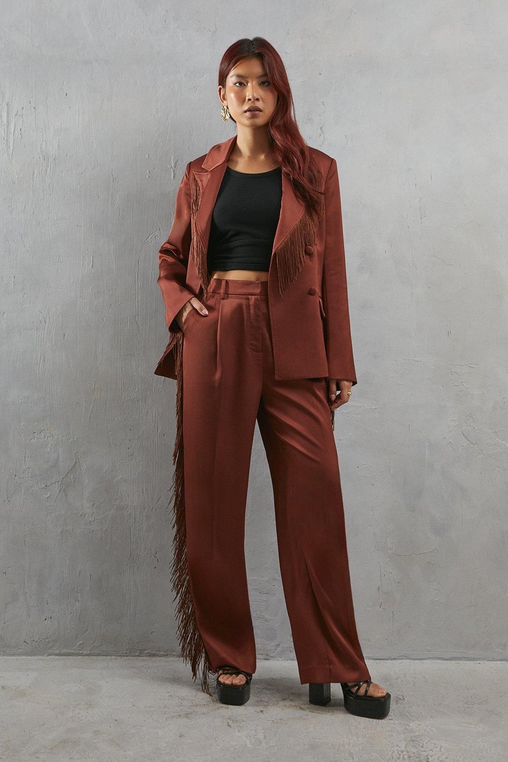 Warehouse Premium Fringe Side Straight Leg Trouser Chocolate image 4