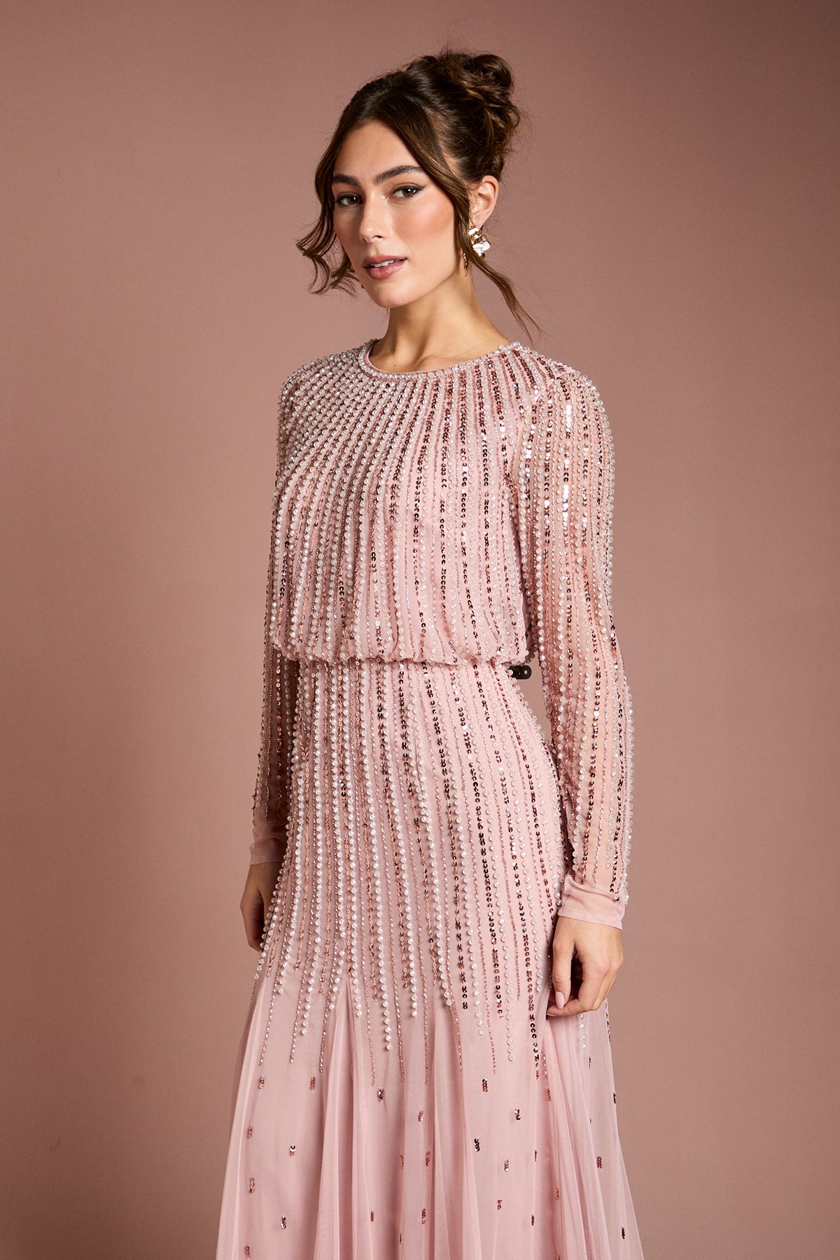 Coast Linear Sequin Embellished Long Sleeve Maxi Dress Blush image 2