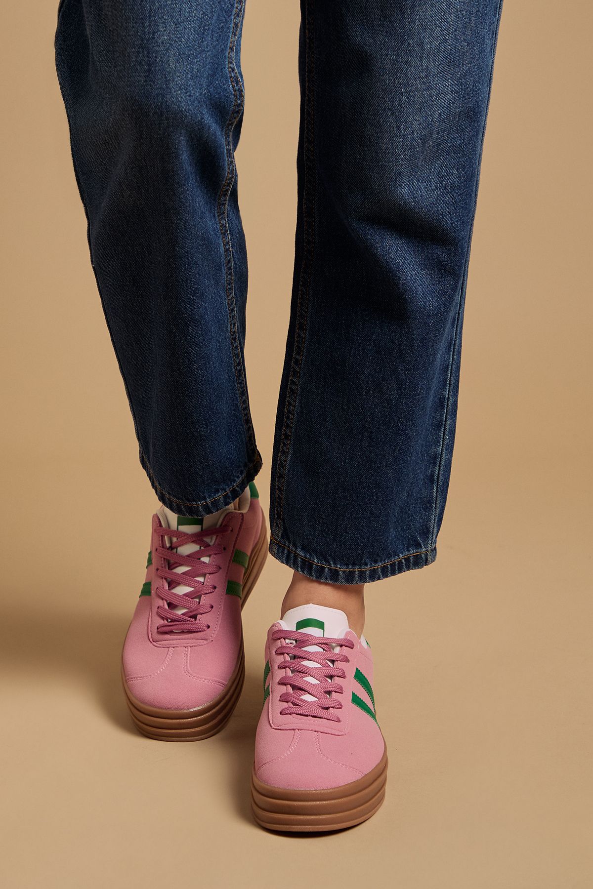 Oasis Issie Faux Suede Lace Up Platform Trainers Pink image 3