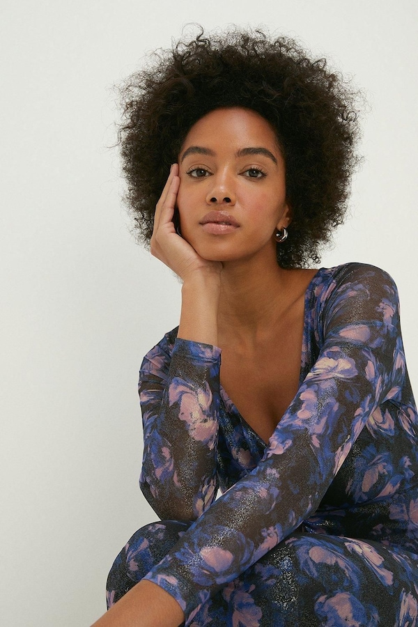 Oasis Petite Glitter Floral Mesh Knot Front Midi Dress Multi