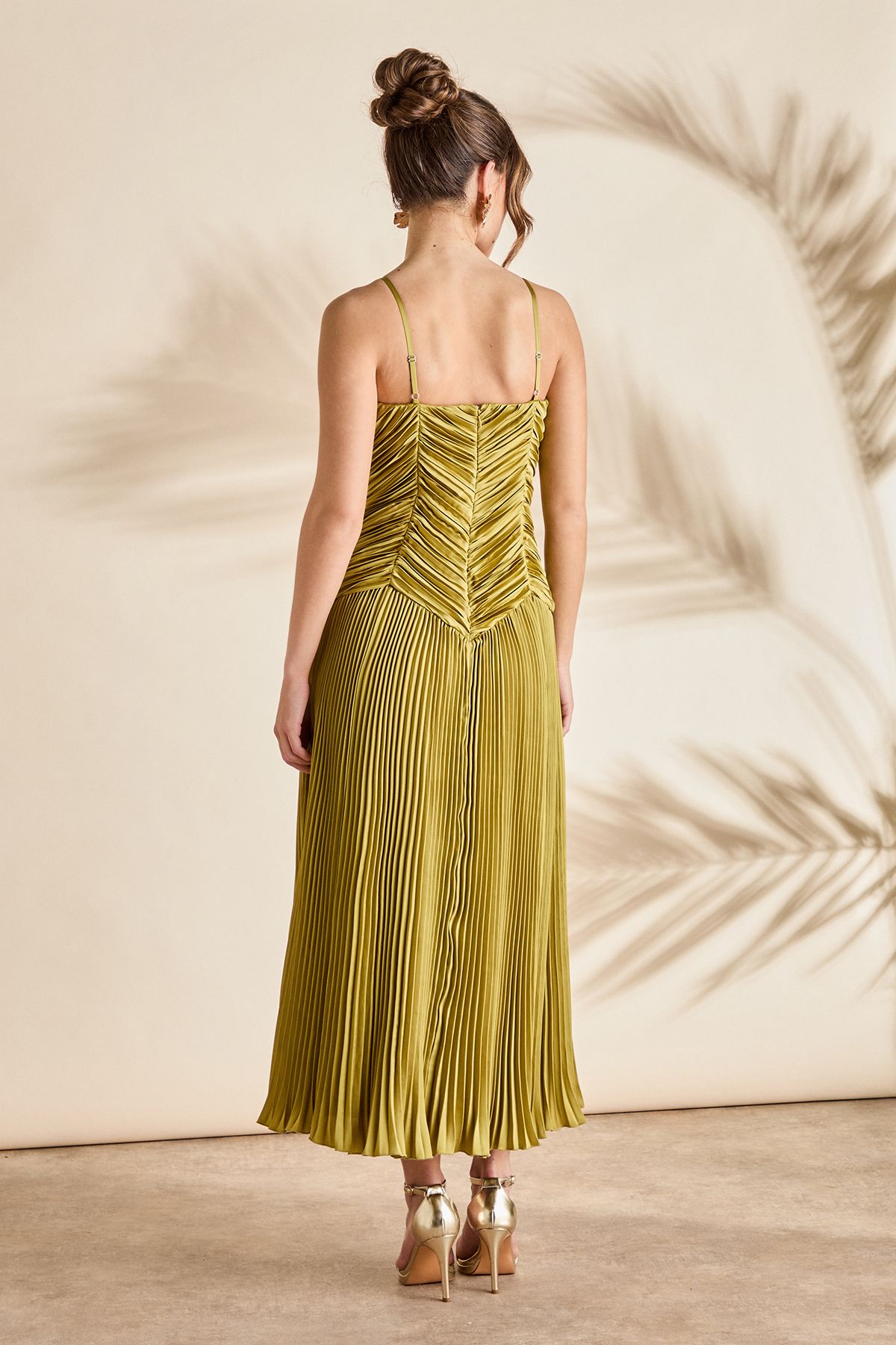 Coast Pleated Peplum Strappy Satin Dress Olive image 4