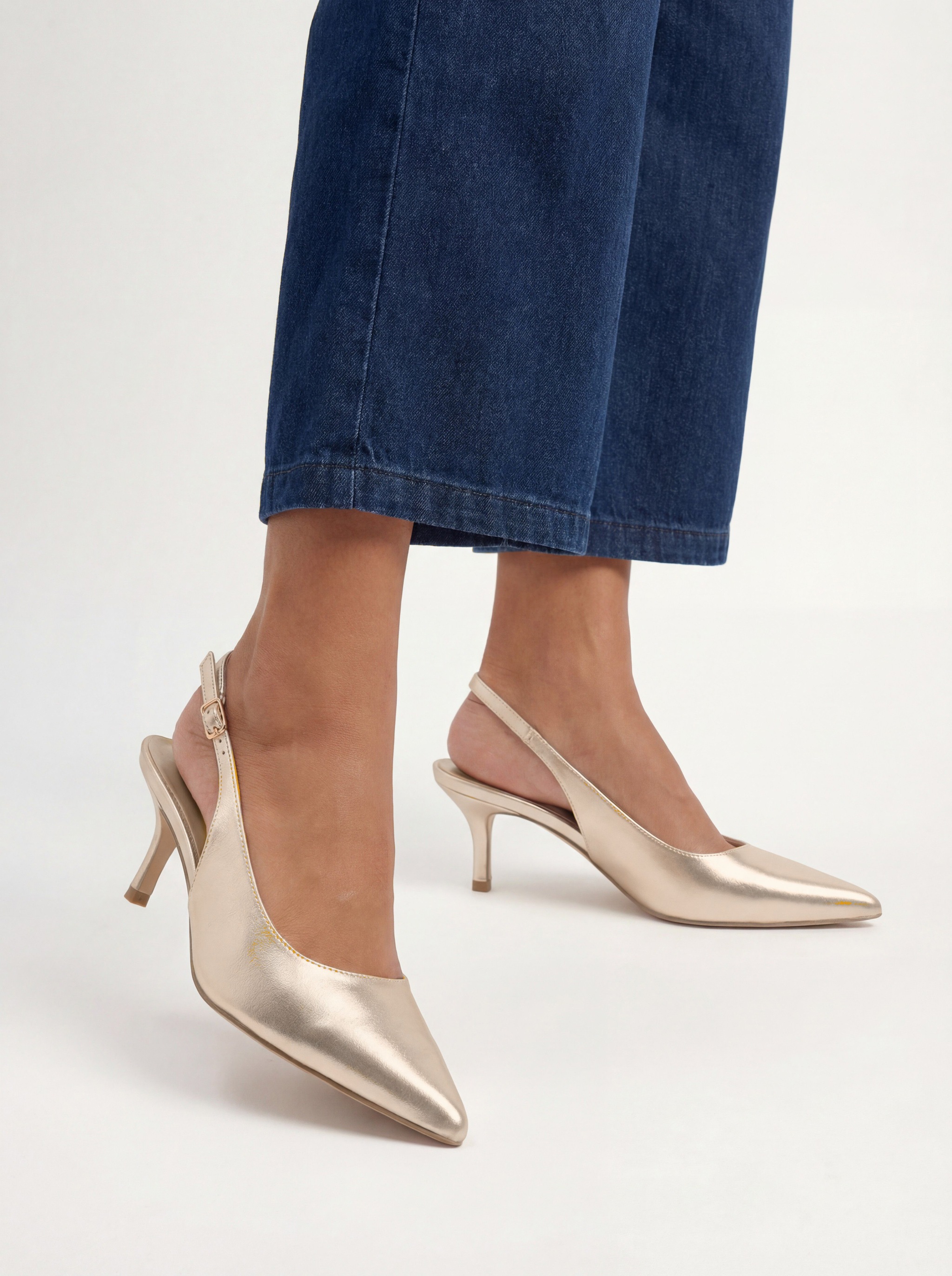 Oasis Jess Faux Metallic Leather Kitten Heel Slingback Court Shoes Gold