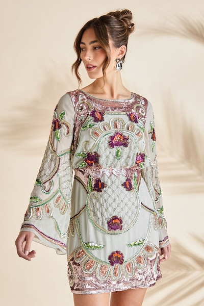 Coast Heavily Embellished Sequin Mini Dress Aqua