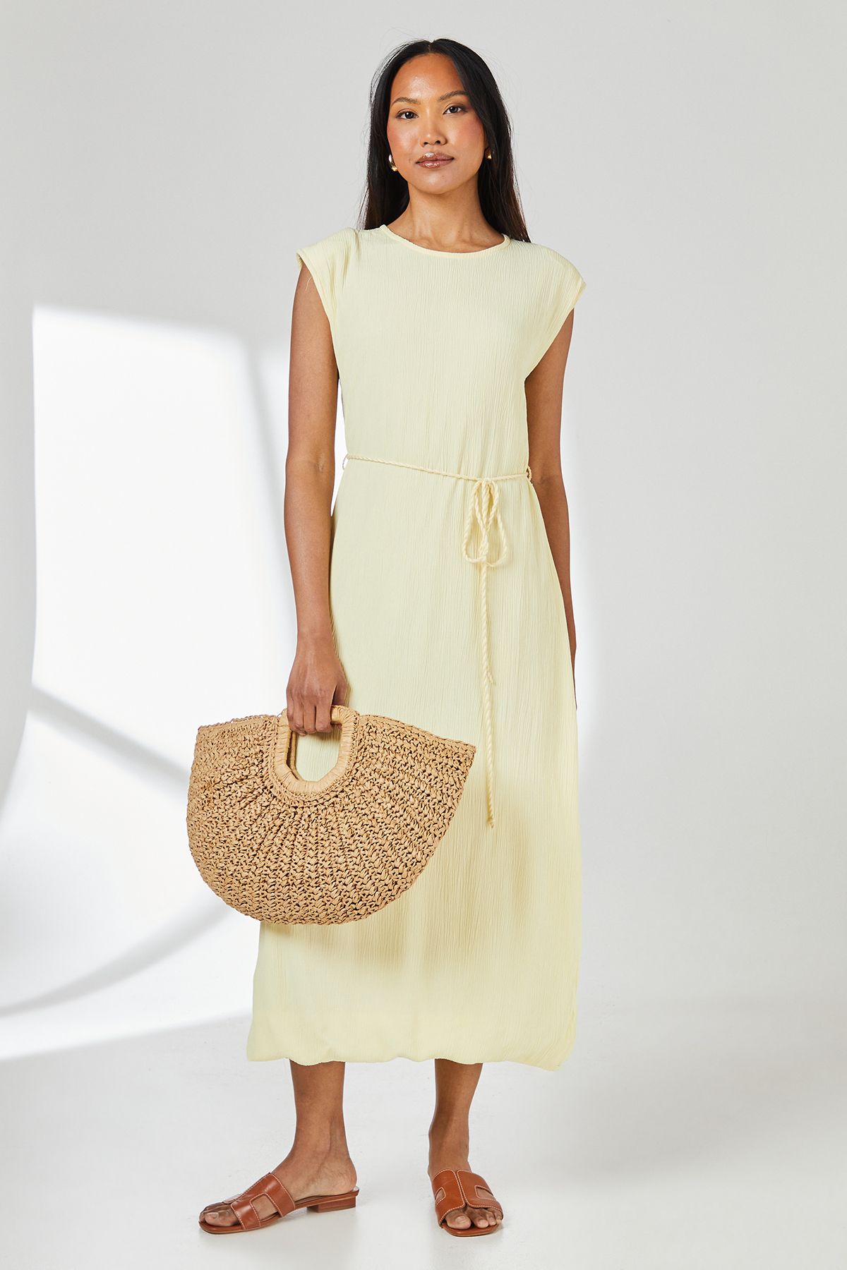 Principles Crinkle Viscose Tie Waist Column Midi Dress Lemon image 1