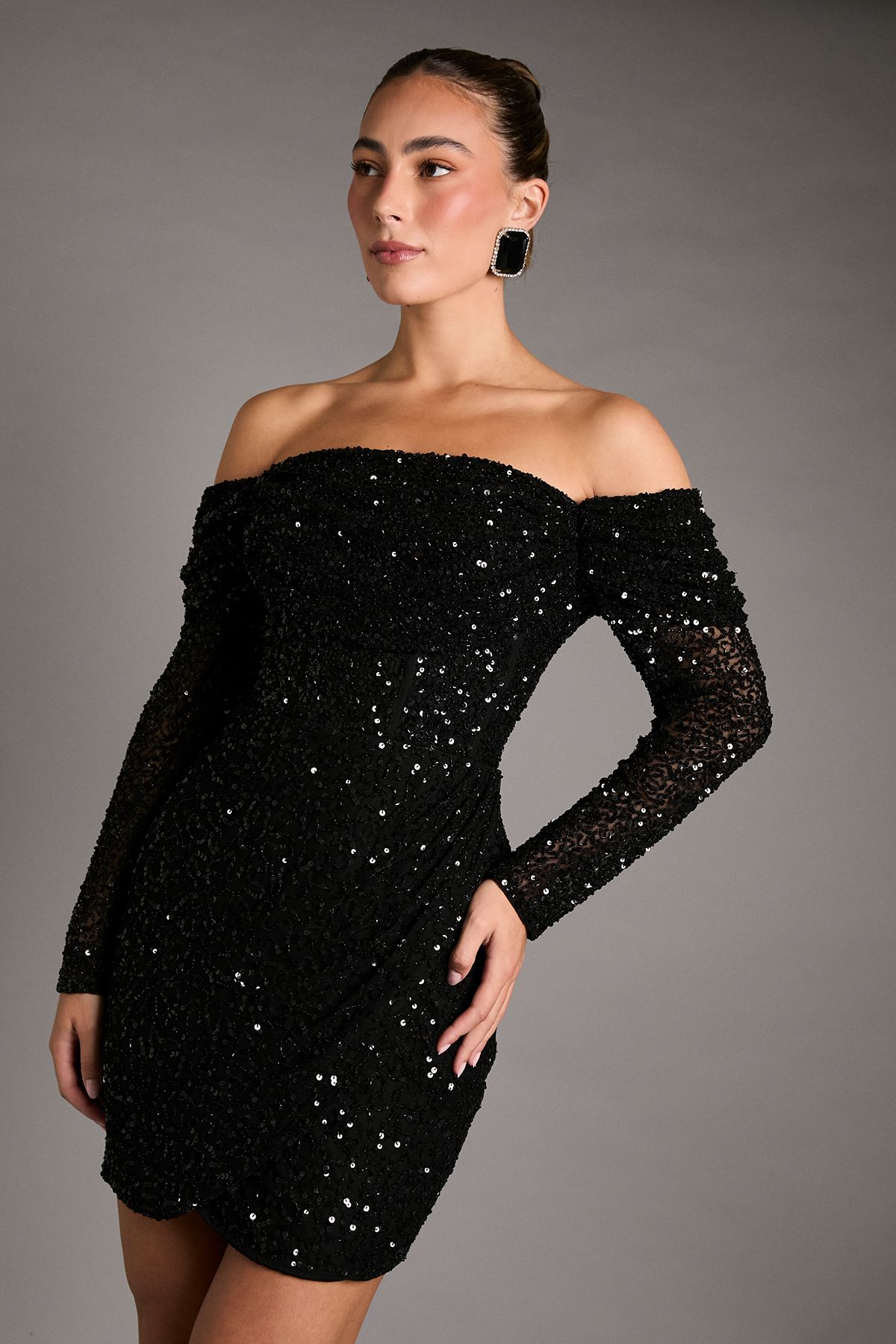 Coast Sequin Party Bardot Long Sleeve Wrap Skirt Mini Dress Black image 2