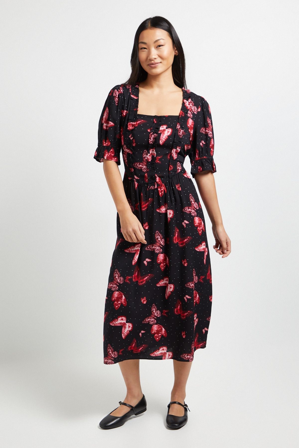 Dorothy Perkins Petite Square Neck Frill Detail Puff Sleeve Midi Dress Black