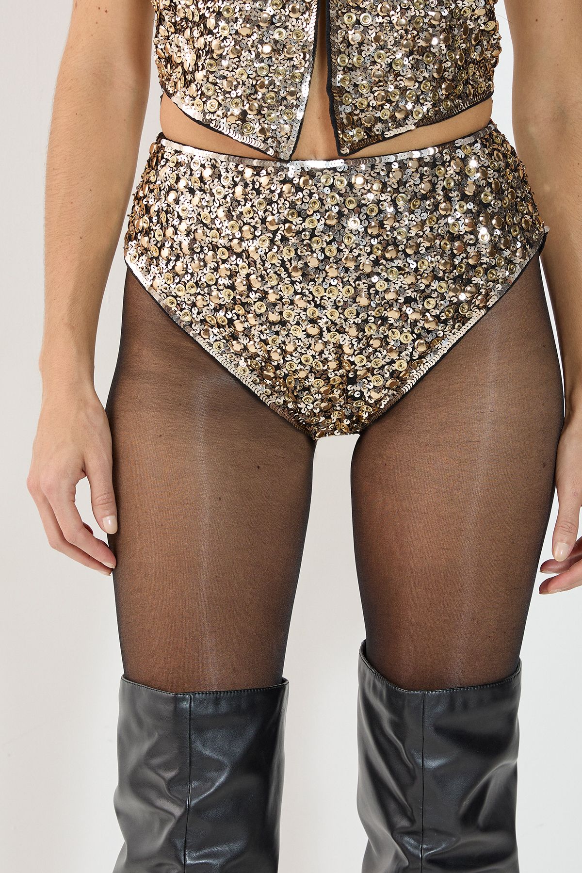NastyGal Cluster Hand Embellished Booty Shorts Co-ord Gold image 5