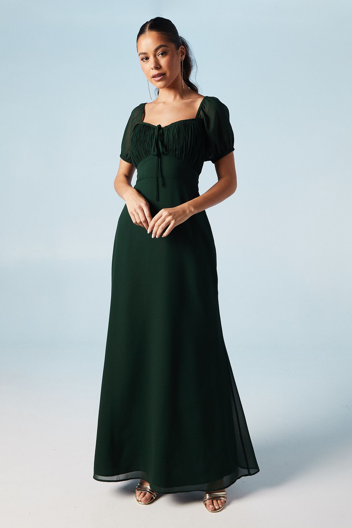Oasis Ruched Bodice Puff Sleeve Chiffon Maxi Bridesmaid Dress Emerald image 1