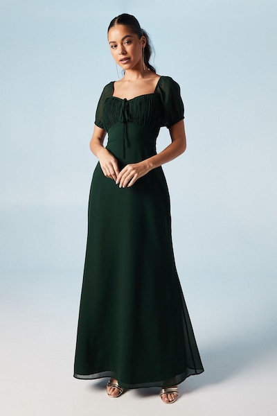 Oasis Ruched Bodice Puff Sleeve Chiffon Maxi Bridesmaid Dress Emerald