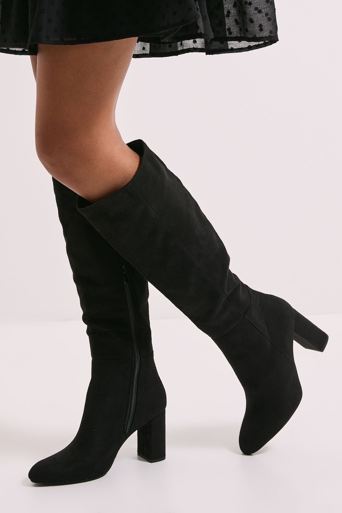Dorothy Perkins Liliana Almond Toe High Block Heel Knee Boots Natural Black image 2