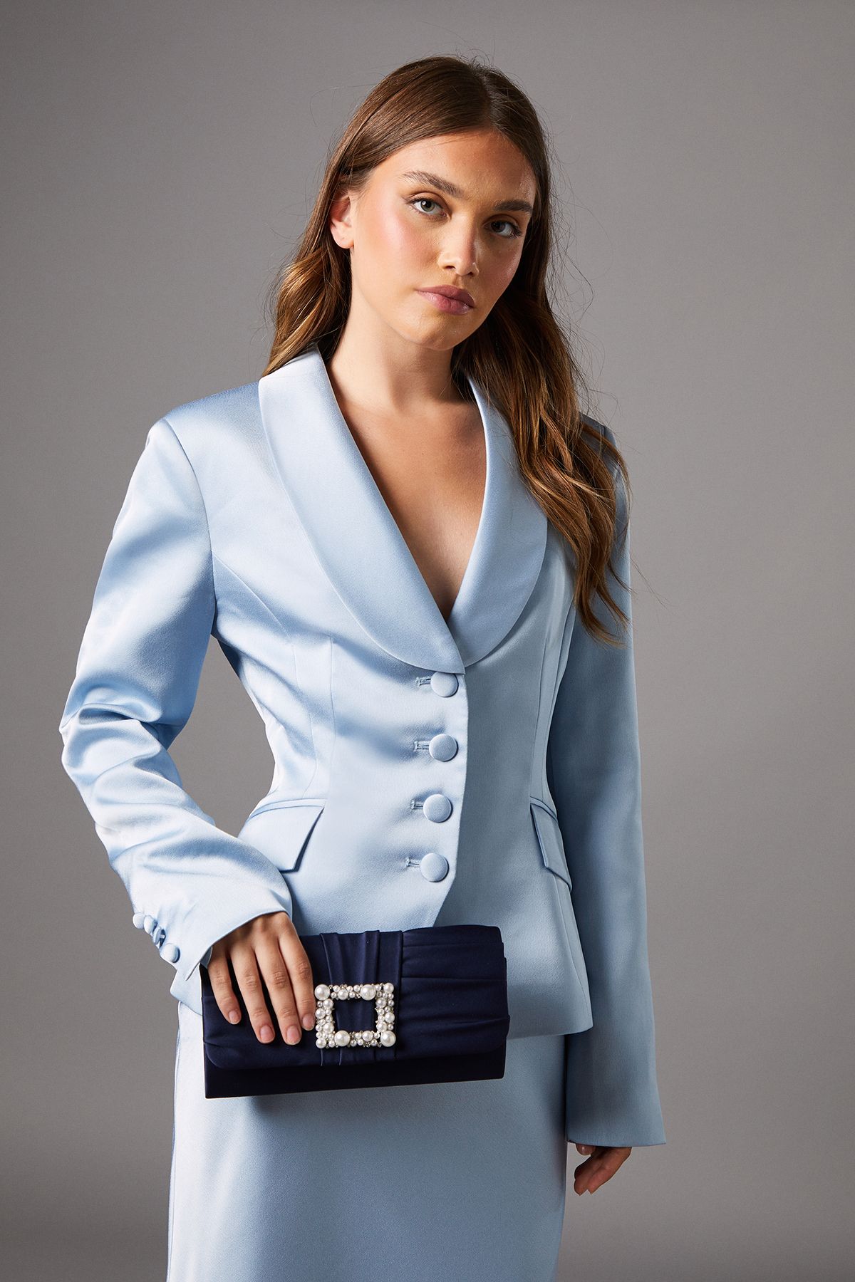 Coast Mandolin Satin Pearl Brooch Clutch Bag Navy image 1