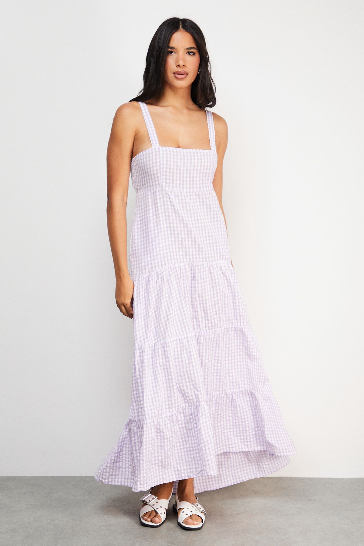 Warehouse Seersucker Check Strappy Tie Back Tier Midi Sundress Lilac image 1