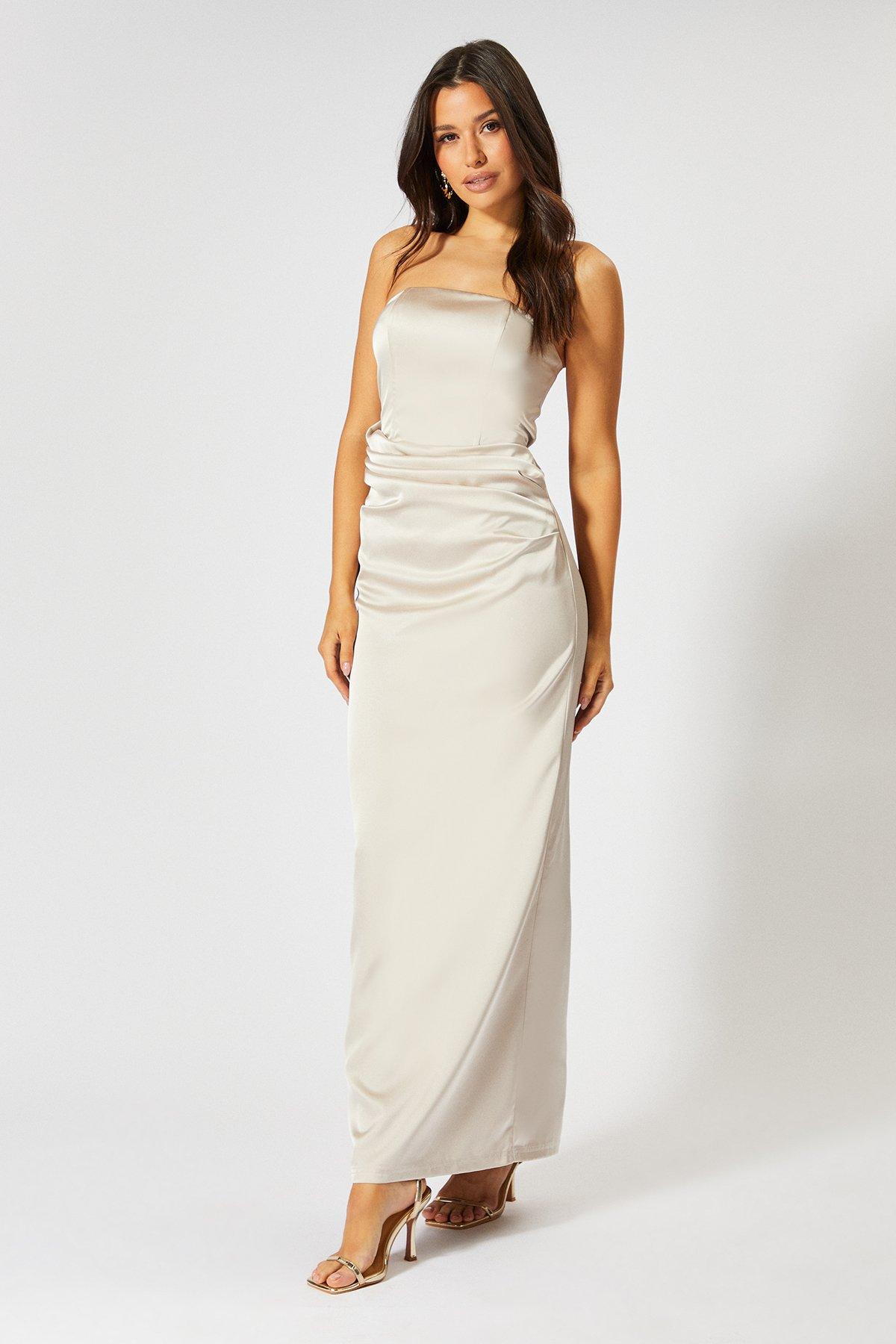 MissPap Satin Bandeau Corset Drape Maxi Dress Champagne