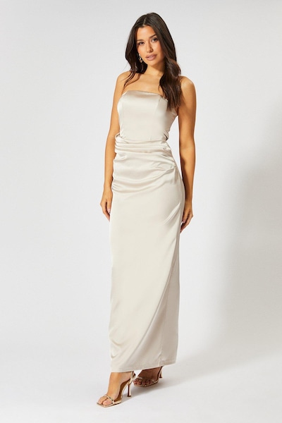 MissPap Satin Bandeau Corset Drape Maxi Dress Champagne