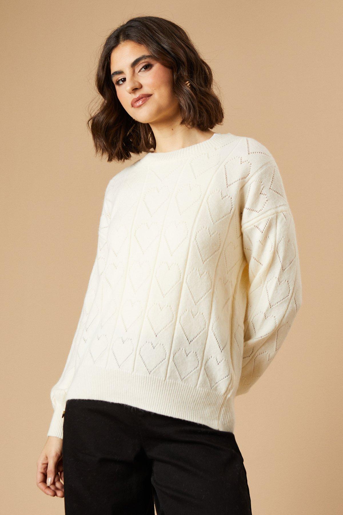 Oasis Heart Pointelle Crew Neck Jumper Cream image 4