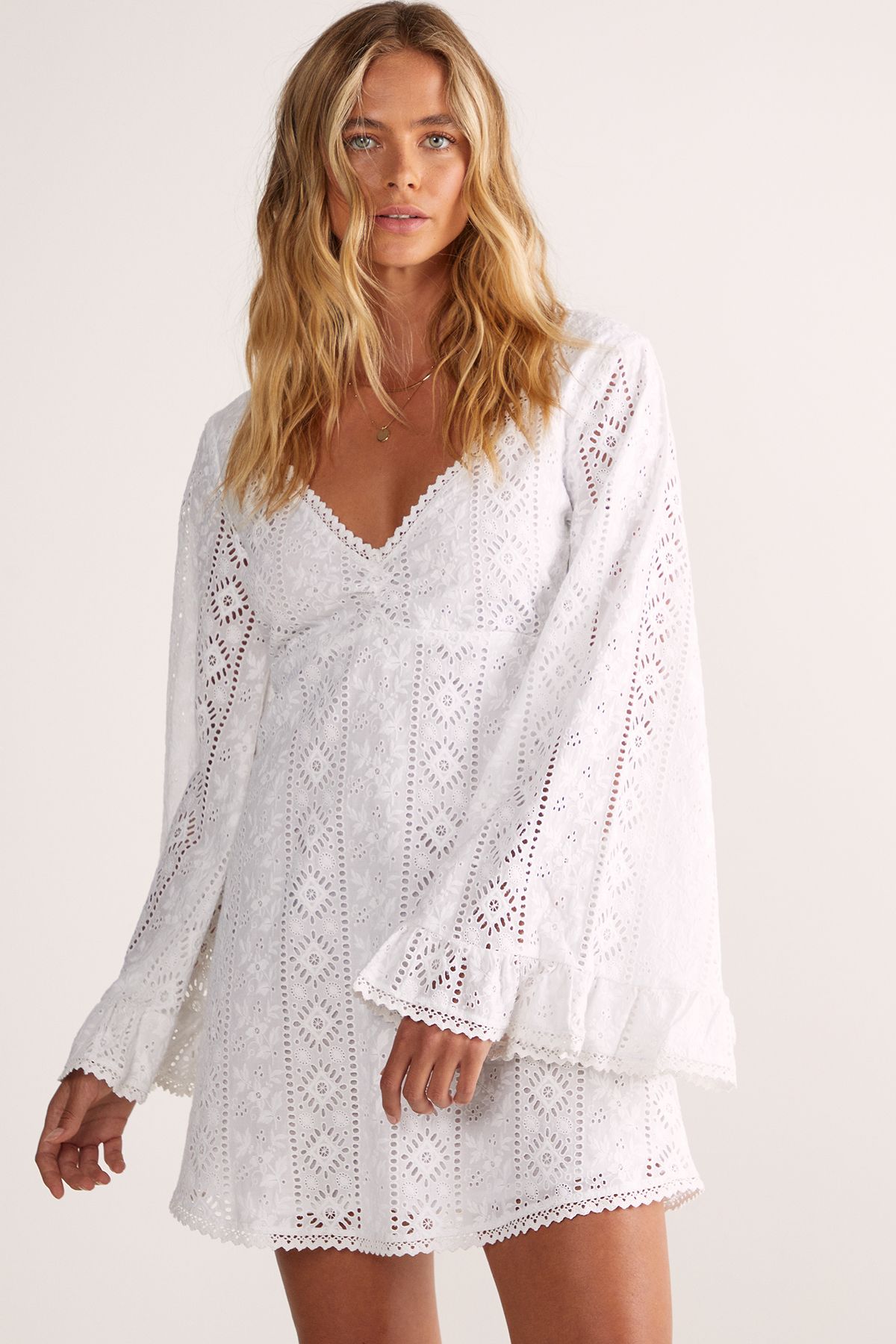 NastyGal Broderie Lace Trim Ruffle Sleeve Mini Dress White image 3