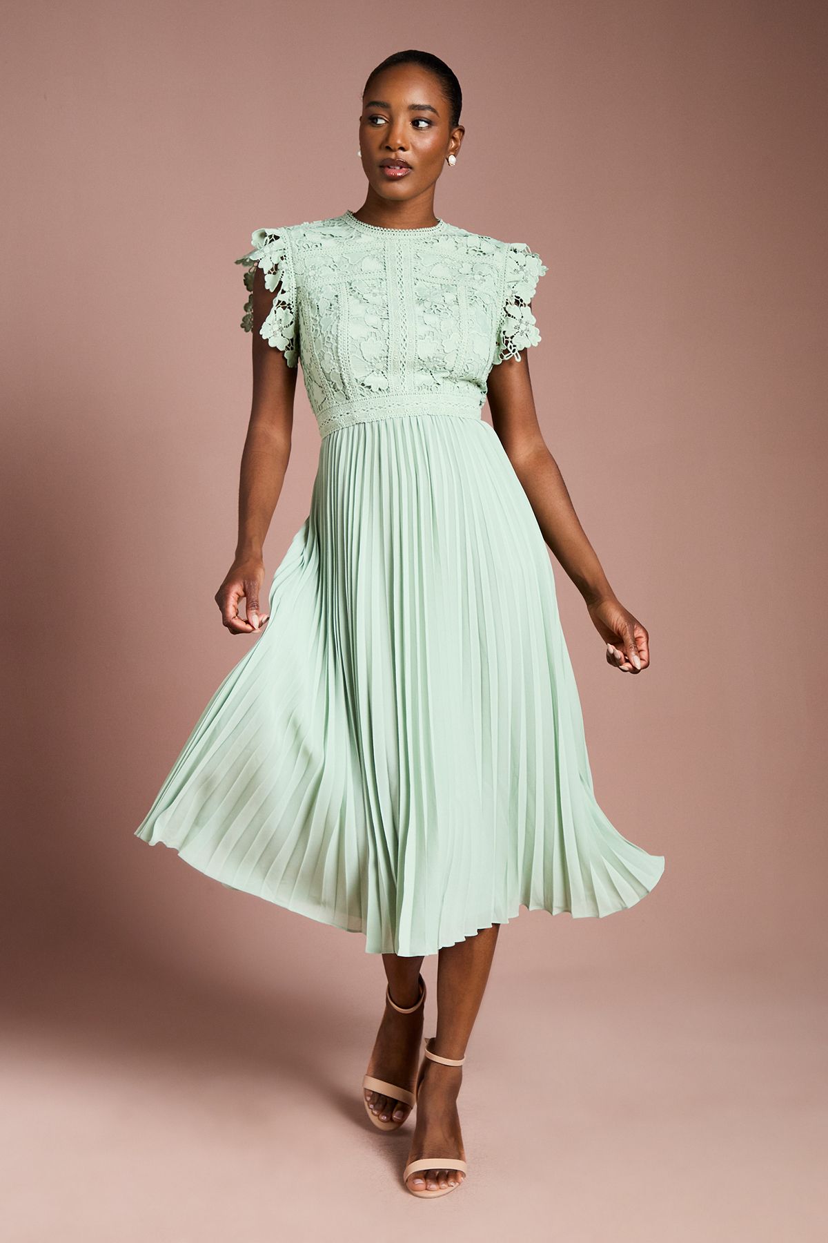 Coast Flutter Sleeve Lace Top Pleated Skirt Midi Dress Sage image 1