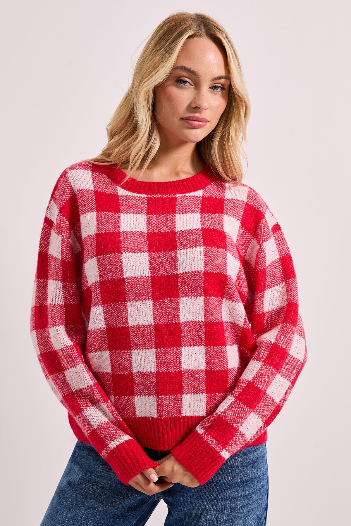 Dorothy Perkins Check Crew Neck Jumper Red image 1