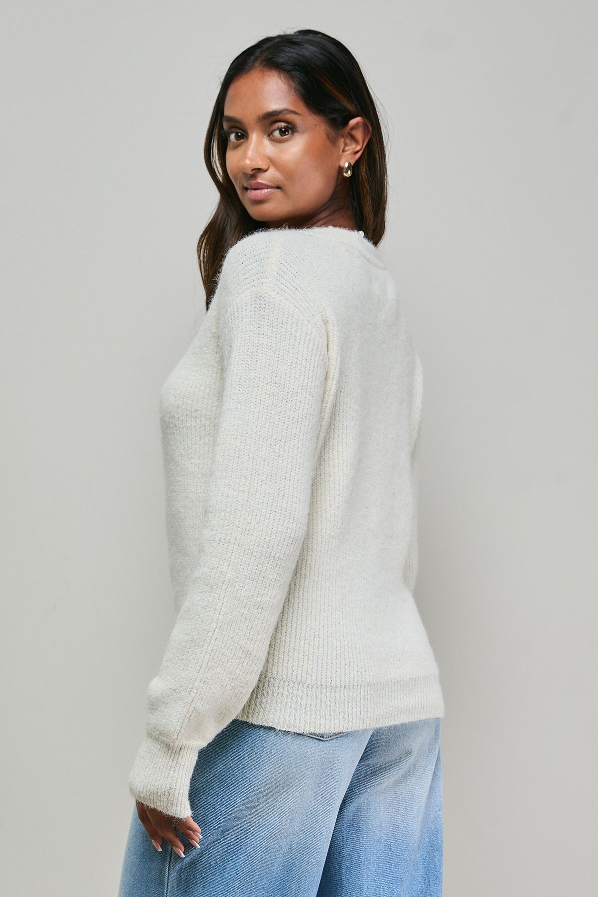 Oasis Pearl Detail Ribbed Jumper Ivory image 3
