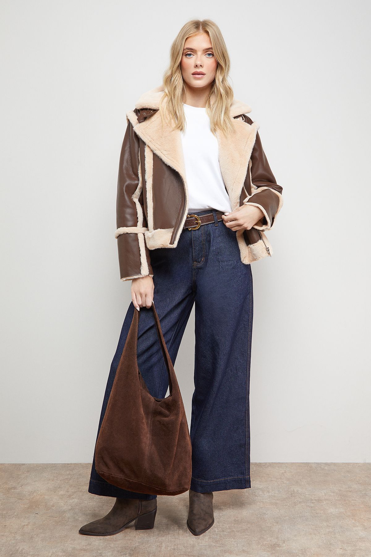 Oasis Shearling PU Aviator Jacket Chocolate image 1