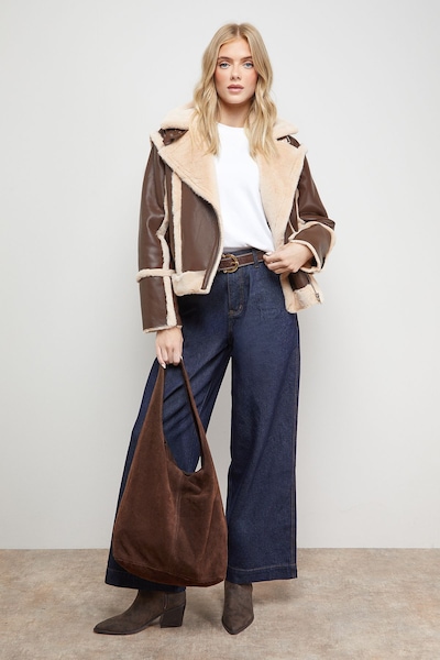 Oasis Shearling PU Aviator Jacket Chocolate