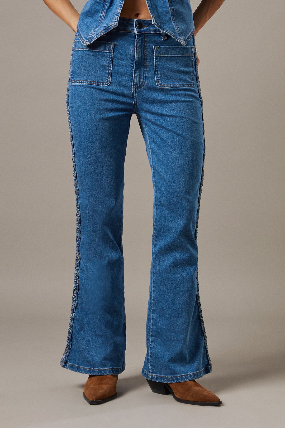 Warehouse High Waist Denim Bootcut With Patch Pockets Mid Wash image 1