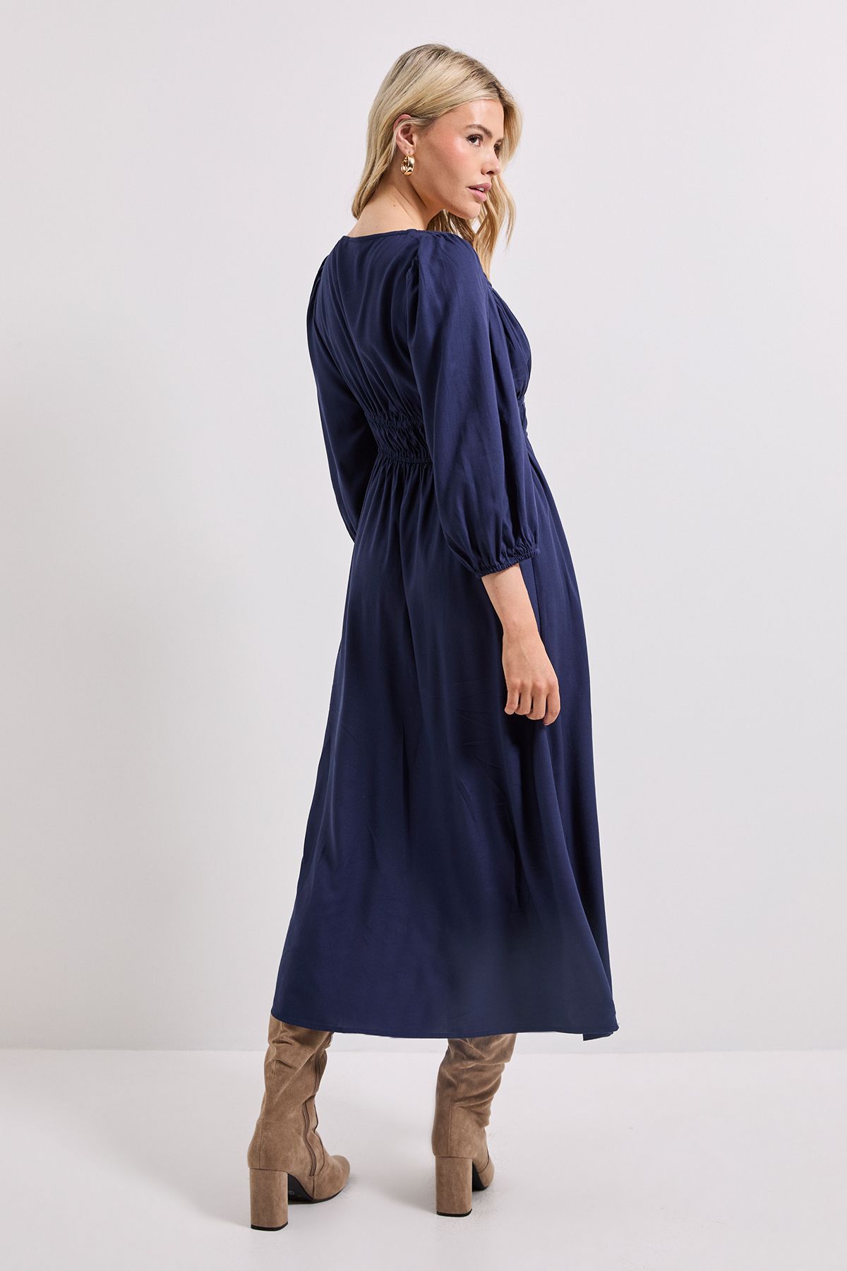 Dorothy Perkins Shirred Bodice Tie Detail Sweetheart Midi Dress Navy image 3