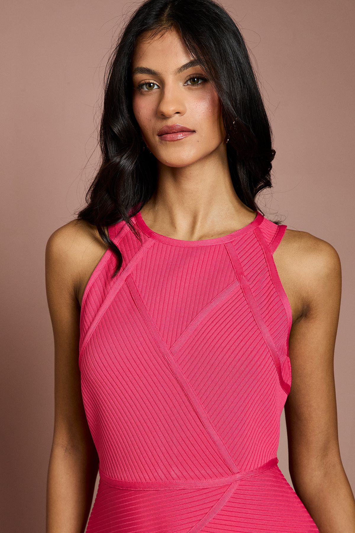 Coast Petite Ribbed Bandage Halterneck Midi Dress Pink image 4